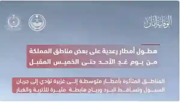 الدفاع المدني يحذر من موجة أمطار غزيرة قد تسبب سيول جارفة 
